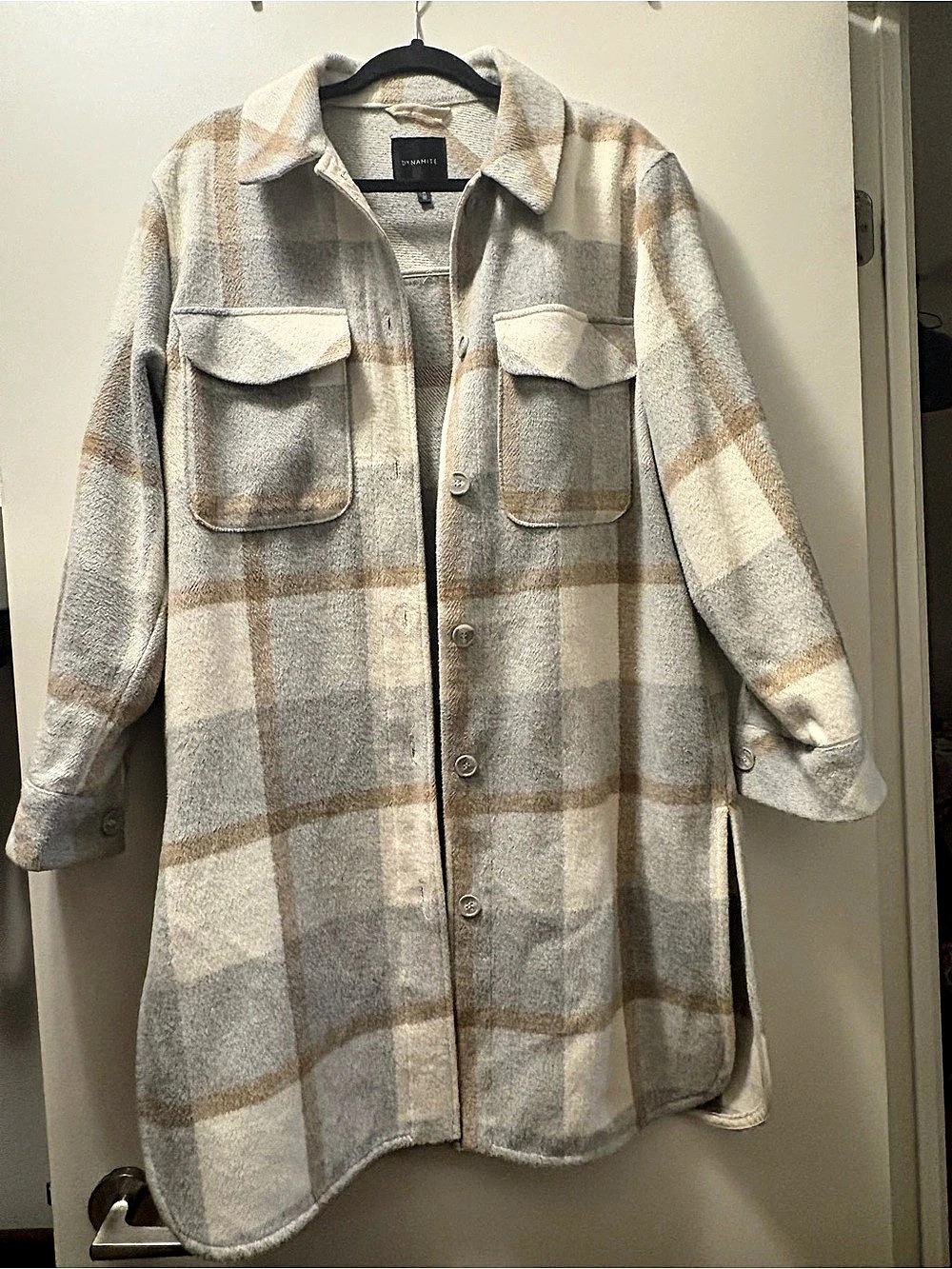 Dynamite Plaid Shacket in Cream & Brown Size Medium